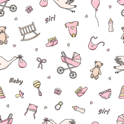 Seamless Pattern Newborn Icons Set For A Baby Girl Vector Illustration