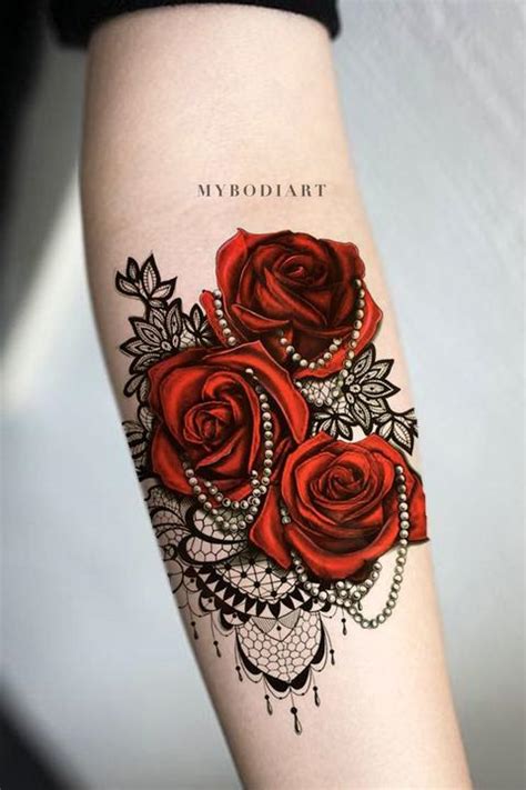 Small red rose tattoos on wrist are very cute. Florence Red Rose Black Lace Temporary Tattoo - MyBodiArt
