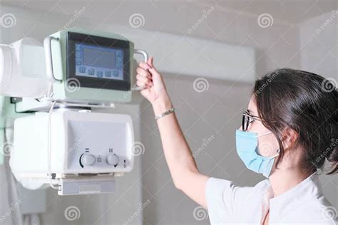 Hospital Radiology Room Beautiful Multiethnic Woman Adjusting X Ray