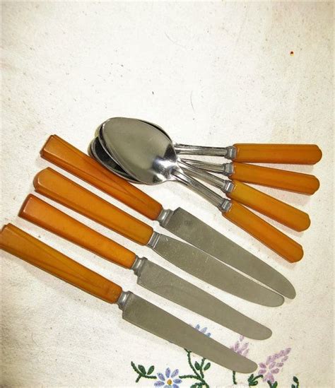 6 Pieces Of Vintage Butterscotch Bakelite Stainless Steel Etsy