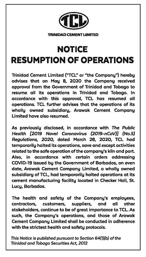 Tcl Notice Resumption Of Operations Tcl Group