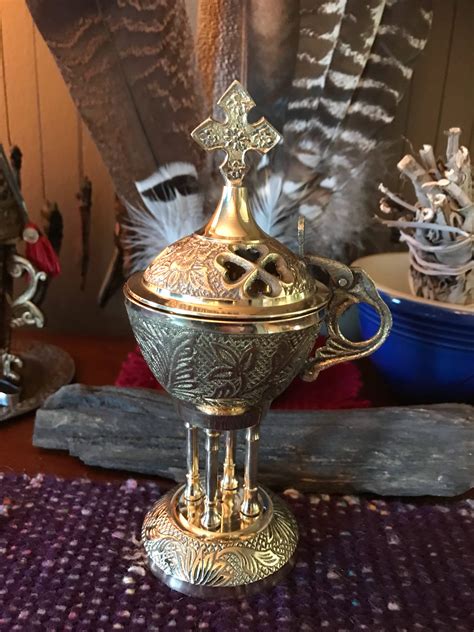 Brass Church Type Incense Burner Attached Lid For Charcoal Or Cones