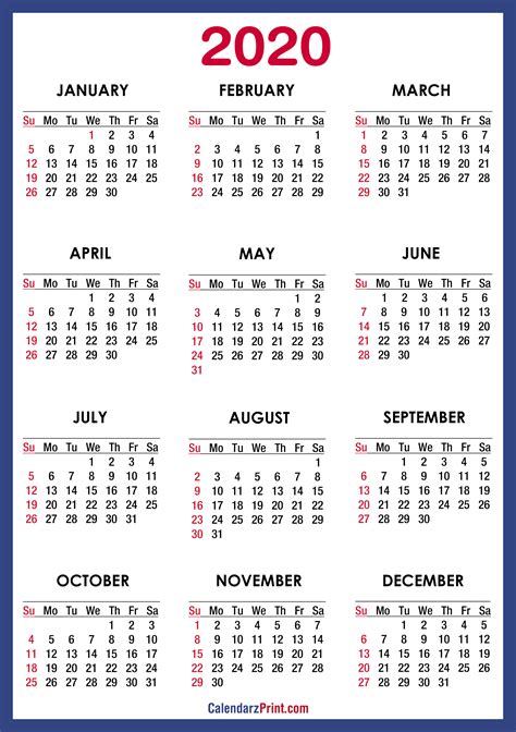 Free Printable 2020 Calendar Hd Blue Ss Calendarzprint Free