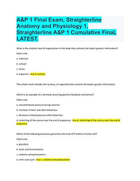 Aandp 1 Final Exam Straighterline Anatomy And Physiology 1