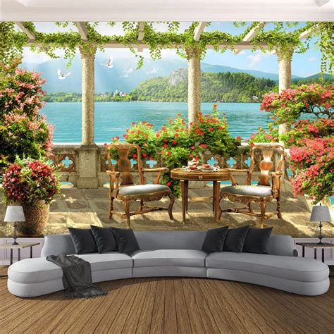 Custom Photo Wallpaper 3d Balcony Lake Scenery Nature Mural Living