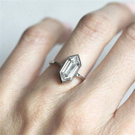 Hexagon Cut Diamond Ring Solitaire Diamond Ring Bezel Set Etsy