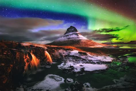 Download Aurora Borealis Waterfall Kirkjufoss Mountain Light Iceland
