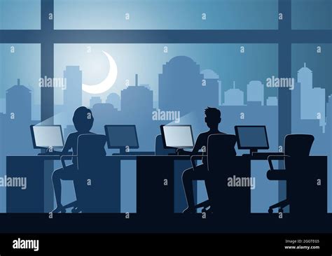 Silhouette Design Of Office Workers Doing Works Over Time At Night