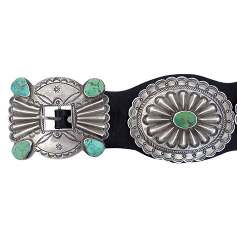 Navajo Stamped Silver Concho Belt With Seven Conchas And Turquoise