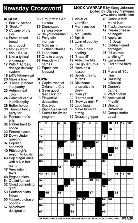 Newsday Crossword Puzzle For Sep 24 2020 By Stanley Newman Creators