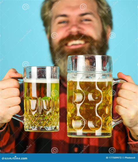 Get Drunk Alcoholic Thirsty Man Drinking Beer In Pub Bar Hipster