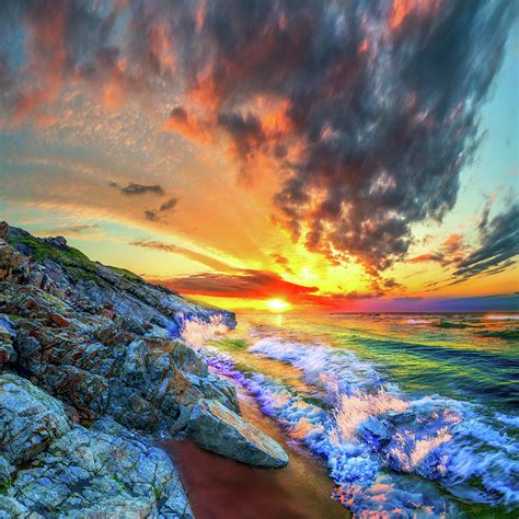 Rocky Cliffs Waves Spiral Ocean Sunset Photograph By Eszra Tanner