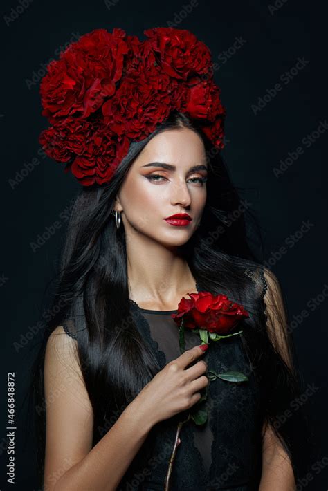 Beauty Portrait Brunette Woman With Crown Of Roses Flowers On Her Head