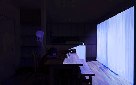 Wallpaper Dark Anime Girls Room Table Blue Vocaloid