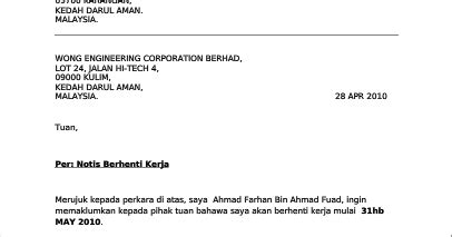 Sebab berhenti kerja dengan alasan yang munasabah. Contoh Surat Resign Letter Malaysia - Kumpulan Contoh ...