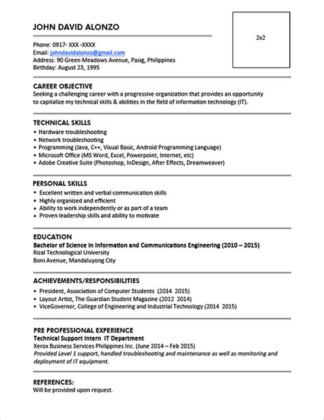 Sample Resume Format For Fresh Graduates One Page Format Jobstreet