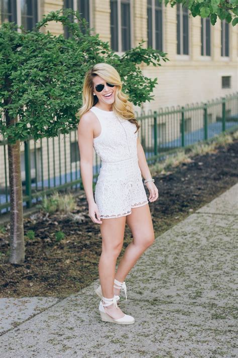 Summer Wind Lace Romper With Wedge Espadrilles And Jean Jacket