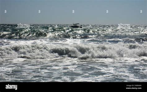 Beautiful Blue Sea Waves With White Foam Close Up Bustling Violent