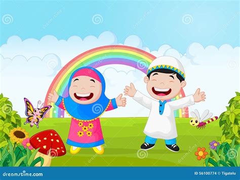 Happy Muslim Kid Cartoon Waving Hand With Rainbow Stock Vector Image