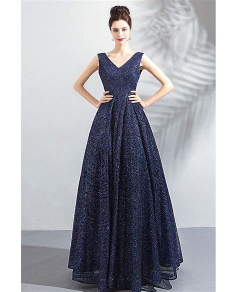 Classy Formal Navy Blue Sparkly Long Prom Dress V Neck Wholesale