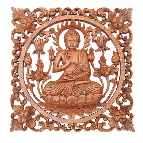 Unicef Market Hand Made Suar Wood Buddha Motif Relief Panel Dealing