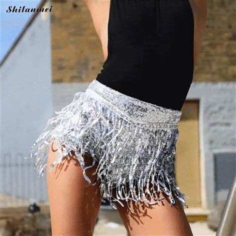 Buy Sexy Tassel Sequin Mini Shorts Women Zipper Fly High Waist Bodycon Short