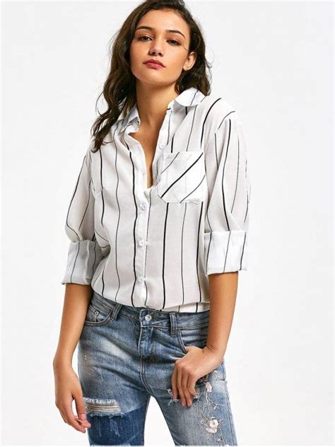 Button Up Striped Longline Pocket Shirt White S Blouses For Women