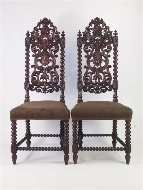 Tall Pair Antique Victorian Gothic Oak Chairs For Sale