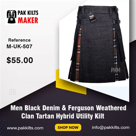 Men Black Denim And Ferguson Weathered Clan Tartan Hybrid Utility Kilt