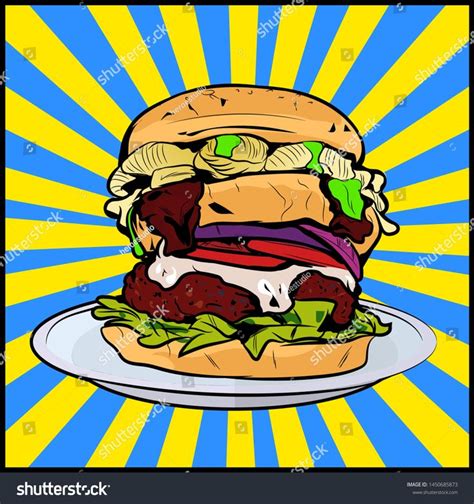 Classic Double Burger On A Pop Art Background Colorful Big Vegan