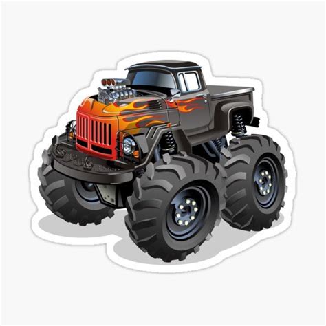 An Orange Monster Truck With Flames On Its Front Wheels And Tires Sticker