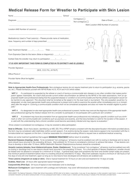 2019 2024 Medical Release Form For Wrestler To Participate With Skin
