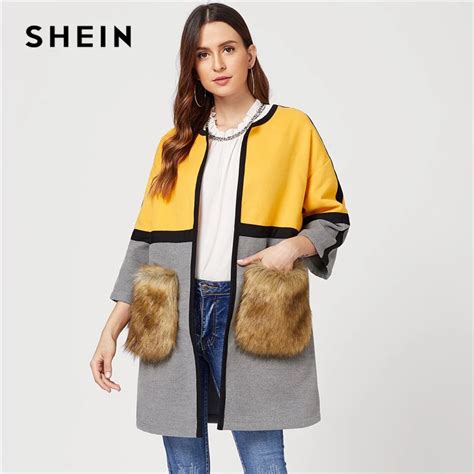 Buy Shein Open Front Colorblock Elegant Long Faux Fur