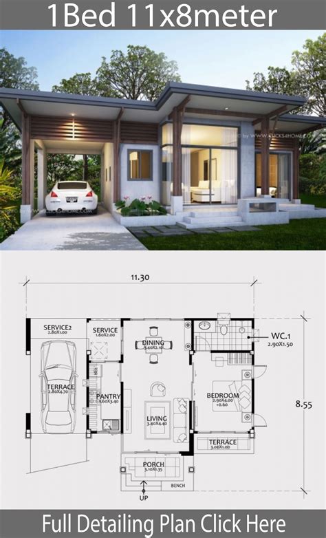 Home Design Plan 11x8m With One Bedroom Modern Tropical Style Small