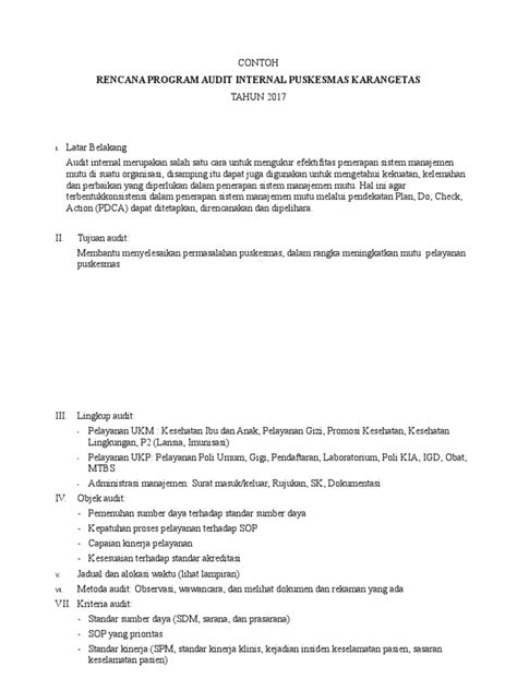 Auditor internal atau disebut aparat pengawas internal pemerintah (apip) merupakan lembaga audit yang berada dibawah pemerintahan atau merupakan bagian dari pemerintahan. Contoh Rencana Audit Internal Puskesmas