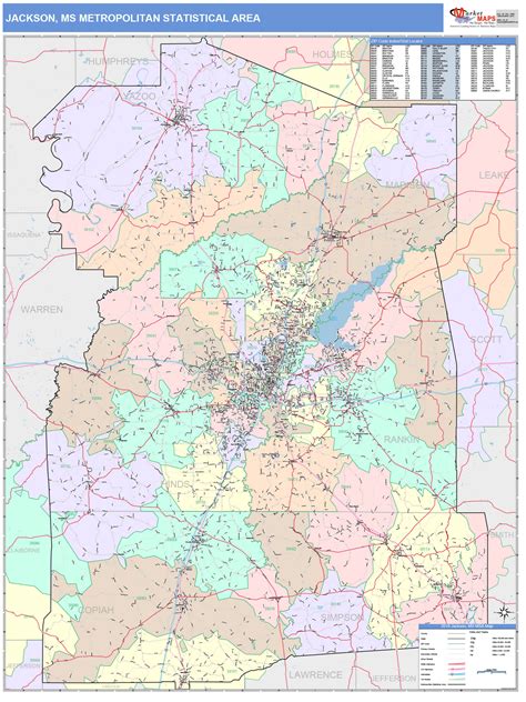 Jackson Ms Metro Area Wall Map Color Cast Style By Marketmaps