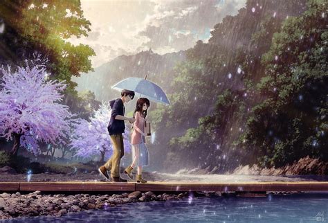 Cute Cartoon Couple In Rain