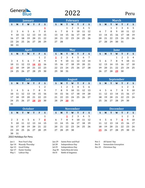 2022 Peru Calendar With Holidays