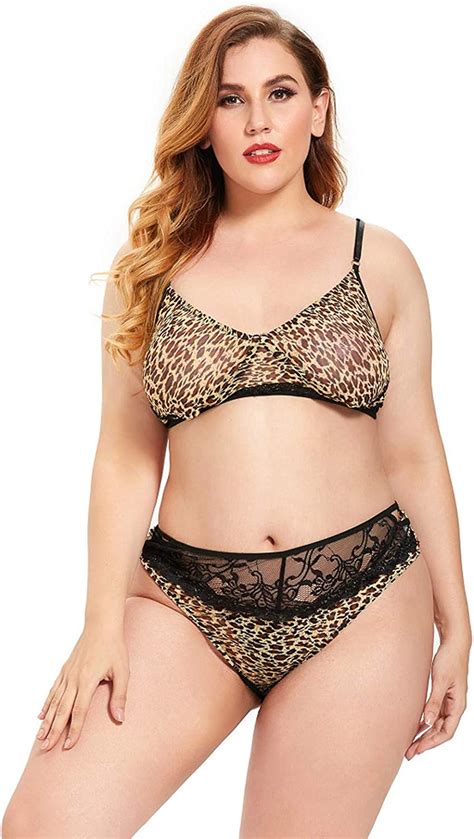 Plus Size Ladies Sexy Lingerie Leopard Print Lace Stitching