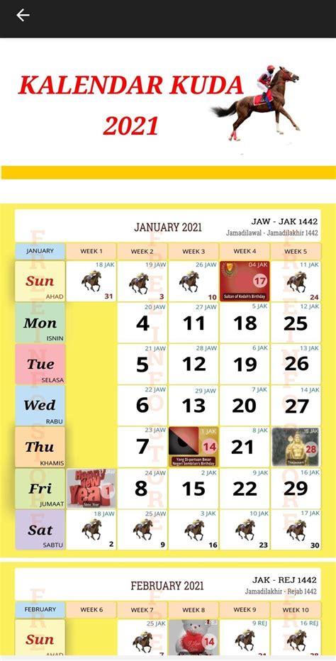Jika anda perlukan aplikasi kalendar kuda untuk kalendar 2021 anda boleh download secara terus melalui laman google play dengan menggunakan aplikasi kalendar tersebut ia lebih mudah kerana tersedia di telefon bimbit anda. Kuda 2021 Calender | Month Calendar Printable