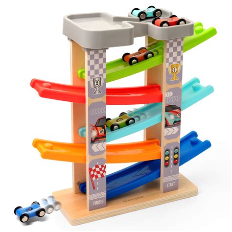 Coogam Wooden Race Track Car Ramp Toy For Toddler Color Vehicle