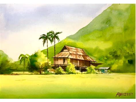Mountain Village Landscape Watercolor Painting By Abhijeet Bahadure