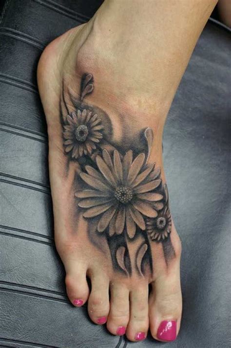 Realistic Black Daisy Flowers Tattoo On Foot For Girls Tatuajes En