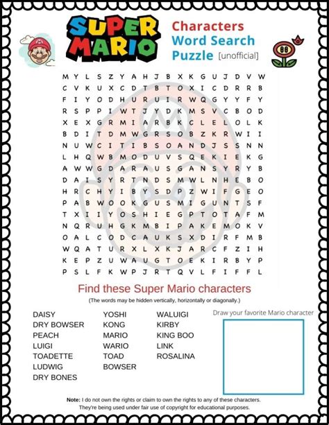 Super Mario Word Search Printable Puzzle Unofficial Free Pdf