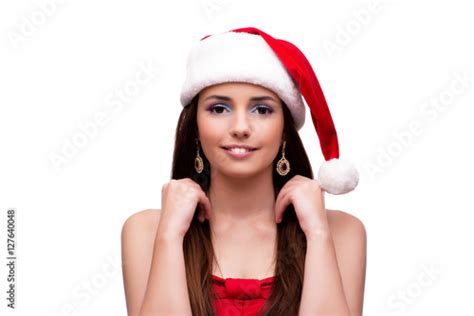 Young Santa Girl In Christmas Concept Isolated On White Stockfotos Und Lizenzfreie Bilder Auf