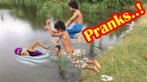 At beaches, swimming pools and sunbathing areas; Boys Swim Pranks | Water Bait Prank in Cambodia - YouTube