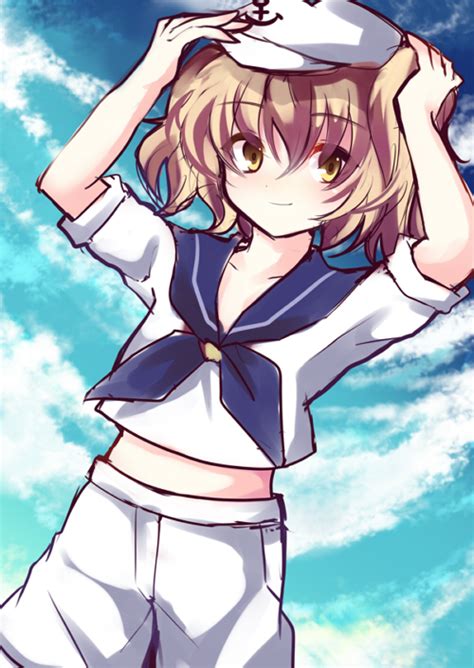 safebooru 1girl adjusting clothes adjusting hat blonde hair cloud hat kitashirakawa chiyuri