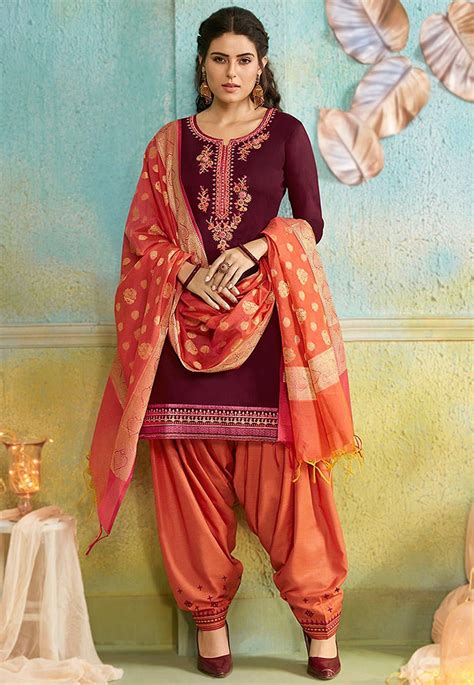 Embroidered Chanderi Silk Punjabi Suit In Wine Latest Salwar Kameez