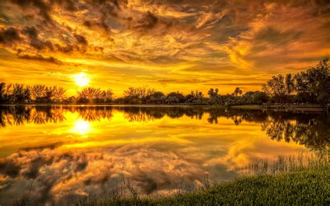 Sunset Calm Lake Trees Grass Yellow Sky Clouds Reflection In Water Free