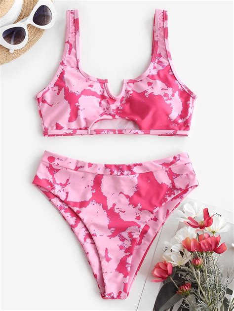 Zaful Tie Dye V Notch High Waisted Bikini Swimsuit In Bikini Mit